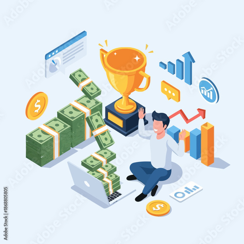 Businessman with money and laptop.