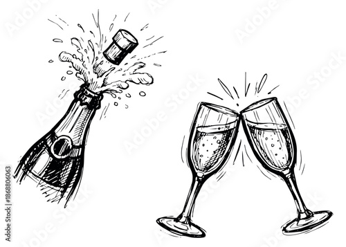 Hand drawn line art celebration set featuring a champagne bottle popping and clinking glasses for festive occasions
