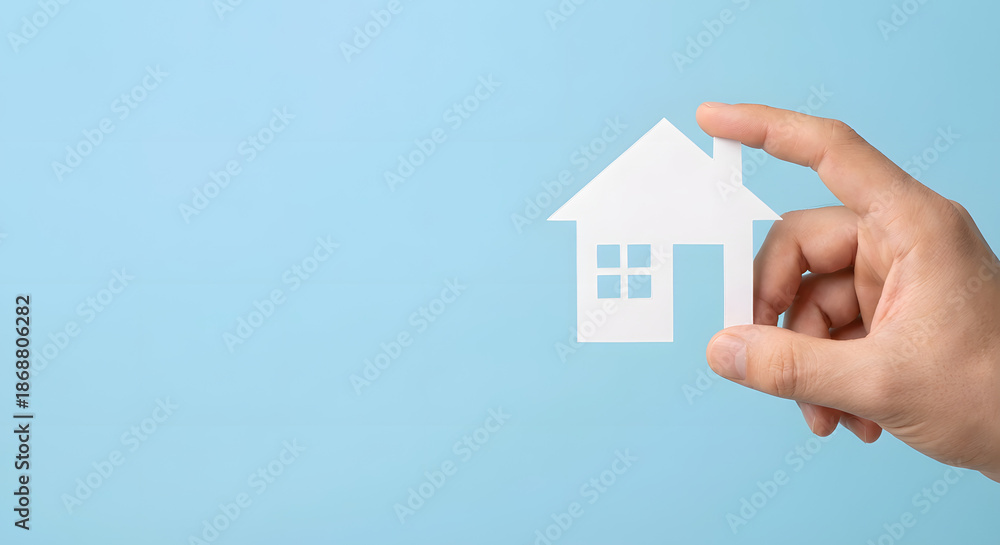 Naklejka premium hand holding white house model on blue background