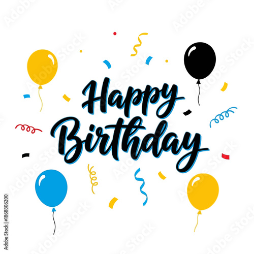 Colorful balloons and birthday text.