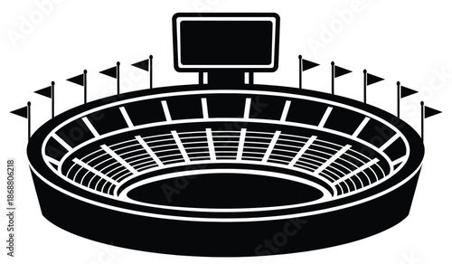 Black and white illustration of a sports stadium with flags