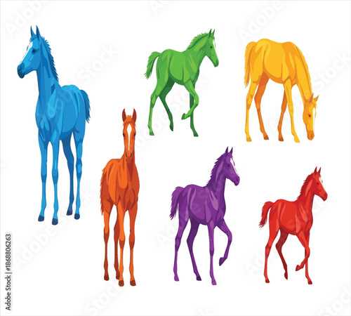 Colorful illustration of horses in various vibrant shades a playful depiction