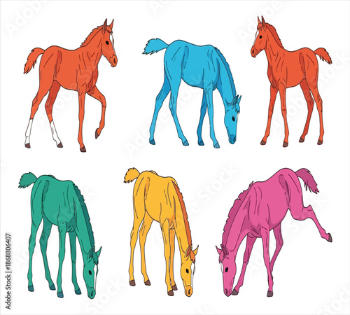 Colorful illustration displaying multiple horses in various poses and shades