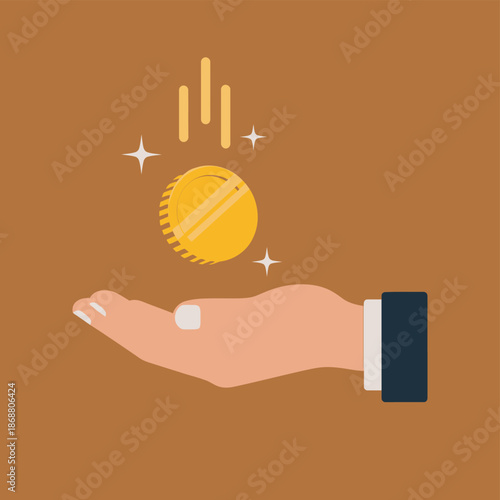 Hand holding a gold coin up.