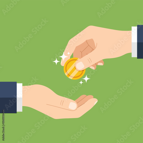 Hands exchanging a gold coin.