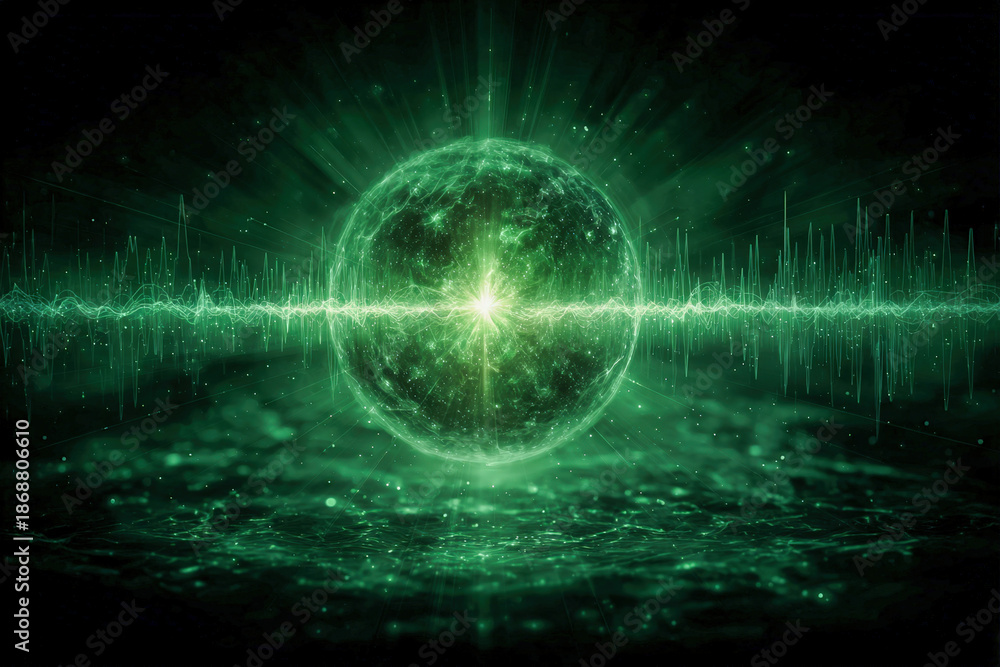 Obraz premium Neon green abstract soundwave lines and dots centered on vibrant gradient backdrop