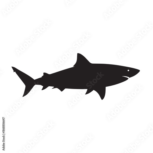 Black silhouette of a shark swimming sideways on white background.