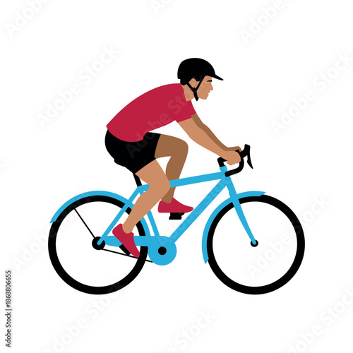 Athlete in helmet rides a streamlined road bicycle wearing shorts and a shirt on white.