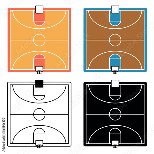 Four different stylized basketball court diagrams display color variations.