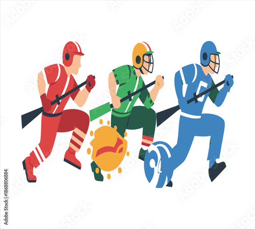 Athletes in colorful sportswear competing in a dynamic tug of war with a ball