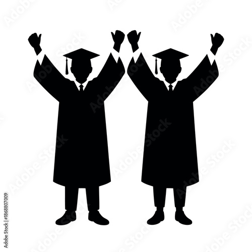 Two graduates in black gowns raise their arms high in celebration of academic success.
