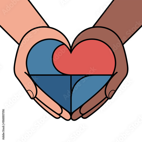 Hands of diverse people form a heart shape containing abstract blue and red shapes.