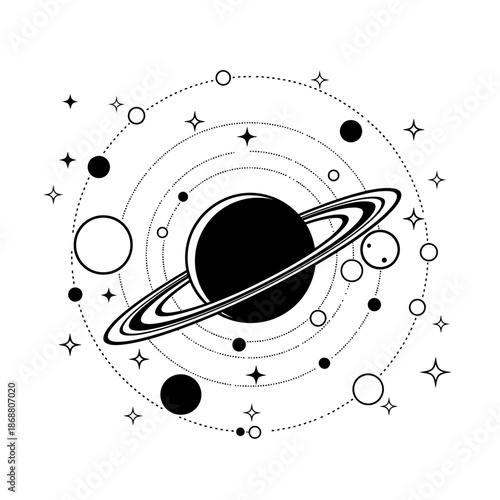 Black Planet With Ring System Illustration.