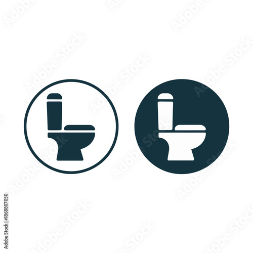 Restroom sign icons show toilet fixture outlines in dark circles for bathroom.