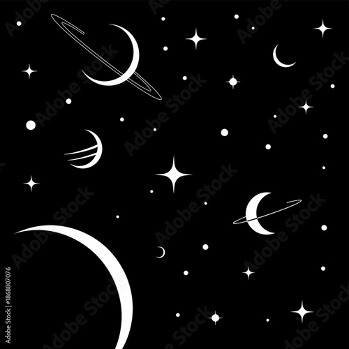 Crescent Moons in Starry Night Sky.