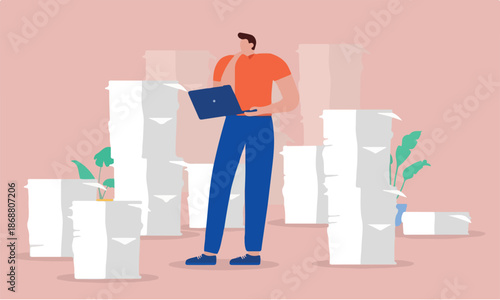 Work overload - Busy person in office with lots of paperwork standing with computer thinking about having way to much to do. Flat design vector illustration
