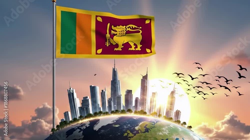 Flag of sri lanka waving over a globe with city skyline at sunrise