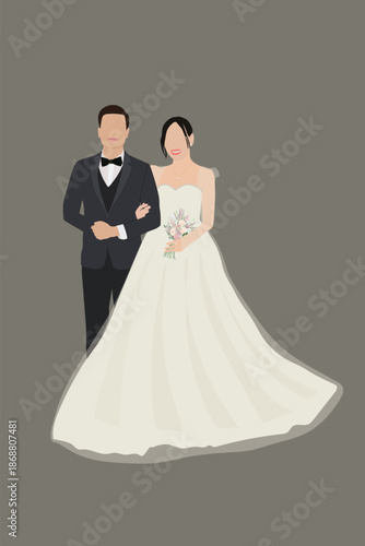 Wedding couple, Bride in wedding dress, just married couple and marriage ceremony vector illustration. Bride and groom Faceless portrait