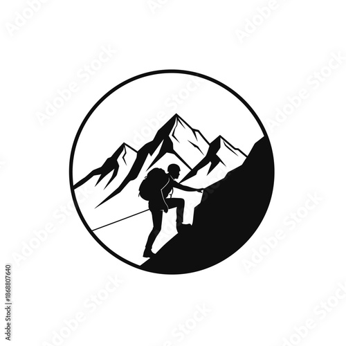 Hiker climbing mountain with backpack.