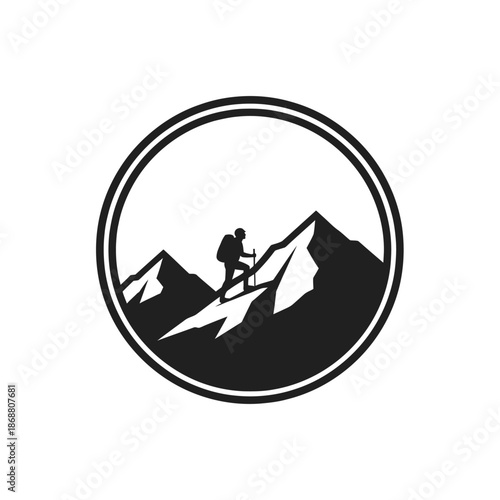 Hiker climbing mountain peak silhouette logo.