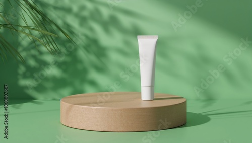 White Tube on a Round Wooden Surface With Green Background and Shadows From a...