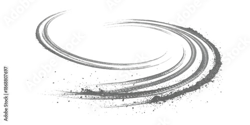 Swirling tire track with dirt and dust particles isolated on white background