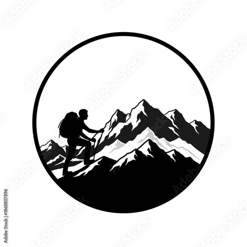 Hiker Silhouette Climbing Mountain Peak Illustration.