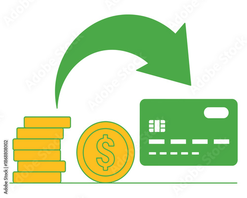 A green arrow points to a credit card next to a stack of coins and a dollar coin, symbolizing financial transactions and money transfer.