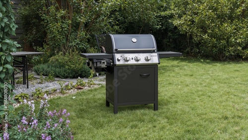 Backyard Grill Ready for Use Near Garden and Patio Area in Summer Afternoon