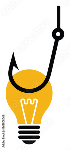 A creative illustration of a lightbulb with a fishing hook representing a clever idea or innovative thinking.