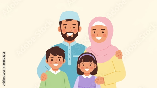 A happy Muslim family portrait with parents and two children.