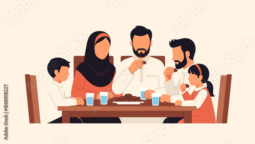 A Muslim family enjoying a meal together at home.