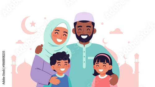 A happy Muslim family portrait with parents and two children.