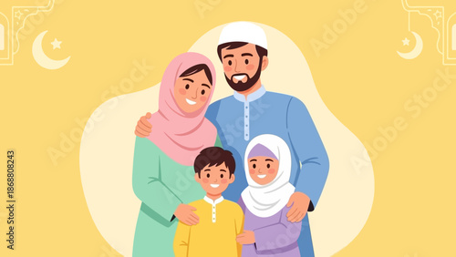 A happy Muslim family portrait with parents and two children.