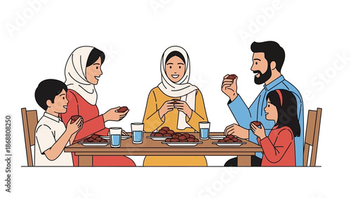Family enjoying a meal together, wearing hijabs and traditional clothing.