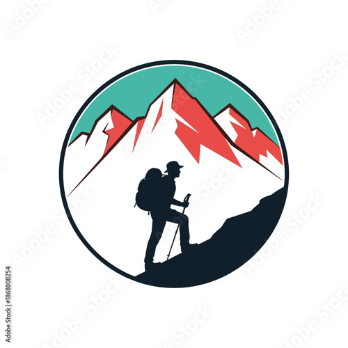 Hiker standing on mountain peak summit.