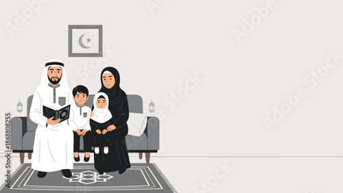 A Muslim family reading the Quran together at home.