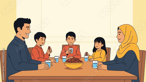 Family Breaking Fast Together During Ramadan Iftar Meal.