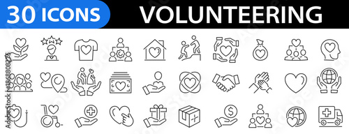Volunteering web icon set. Assistant, donate, donor, doctor, care, help, support, together, charity, community and more. Editable stroke. Vector illustration