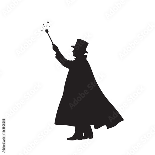 Magician silhouette with top hat and magic wand