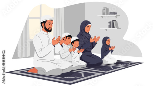 Muslim Family Praying Together at Home with Faith and Devotion.
