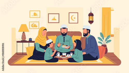Muslim Family Sharing a Meal Together During Ramadan.