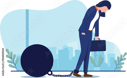 Sad businesswoman with ball on chain, walking while being very tired and burned out. Fatigue, exhaustion and overworked concept. Vector illustration with white background