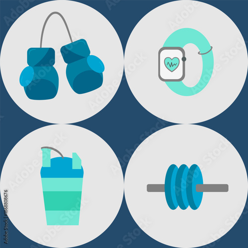 Vector sport fitness pattern clipart with gym elements including gloves, smartwatch, bottle and barbell. Suitable for workout, health and training design.