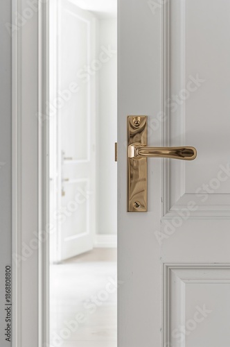 White Door Opens to a Hallway With Wooden Floor and Bright Light at a Home