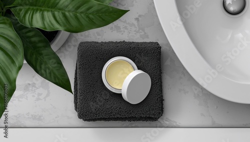 Cosmetic Container on Gray Towel Near Sink in Bathroom Setting With Plant Nearby