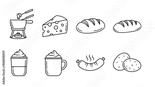 Culinary Elements: An assortment of line art illustrations showcases a variety of food items: a pot with forks, cheese, bread, hot coffee, sausage, and potatoes.