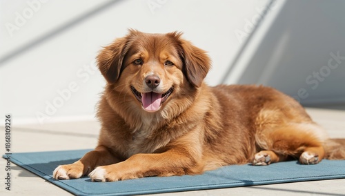 Dog Rests on Blue Mat With Tongue out in Indoor Space During Daylight Hours