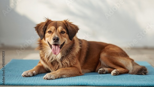 Happy Dog Resting on Blue Mat in Bright Room During Daytime