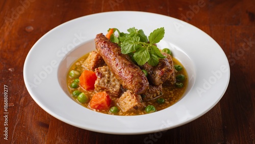 Dish With Sausage, Vegetables, and Bread Served on White Plate at Restaurant ...